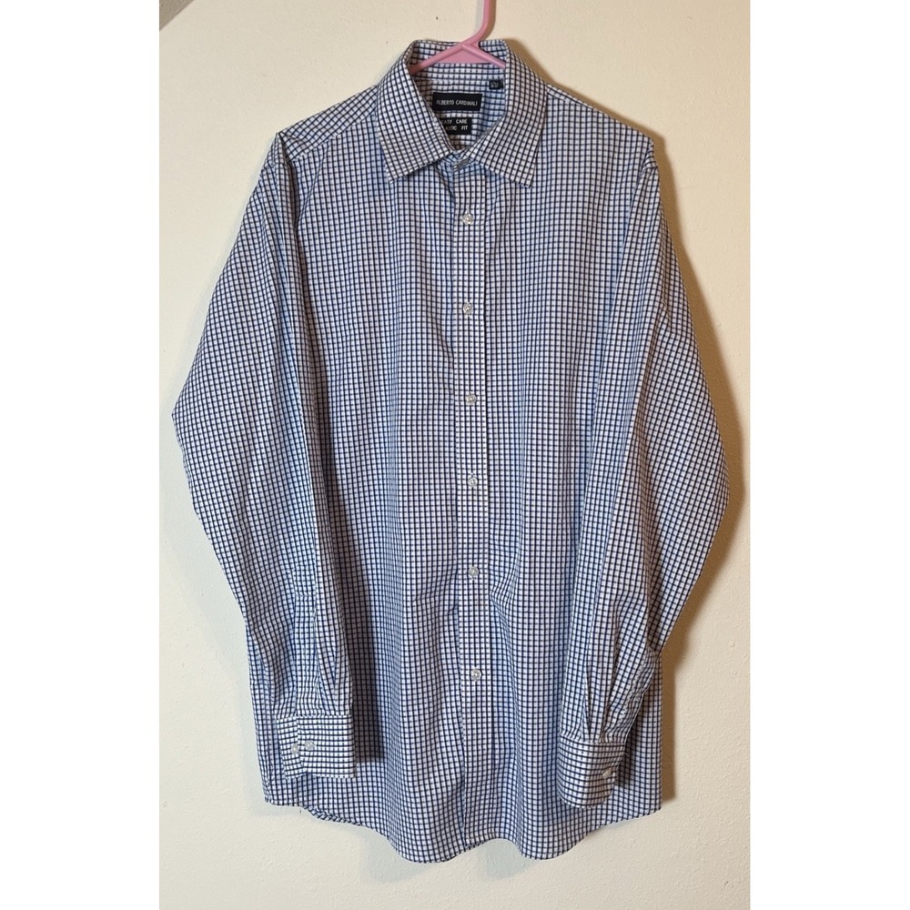 Alberto Cardinali Shirt 16-16.5 36/37 Blue White Check Easy Care Classic Fit